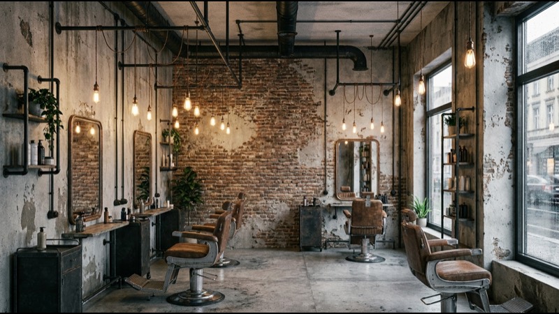 Barbershop mit Sichtziegelwand, Stahlregal und Barberstühlen