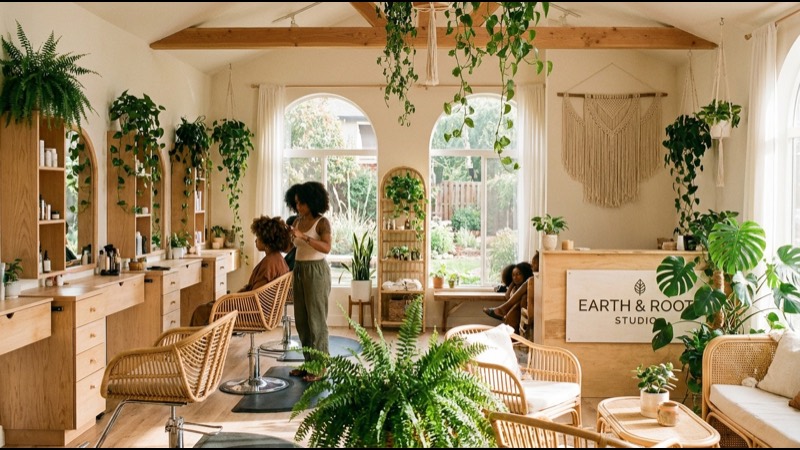 Naturfriseur mit Holz, Pflanzen und Tageslicht