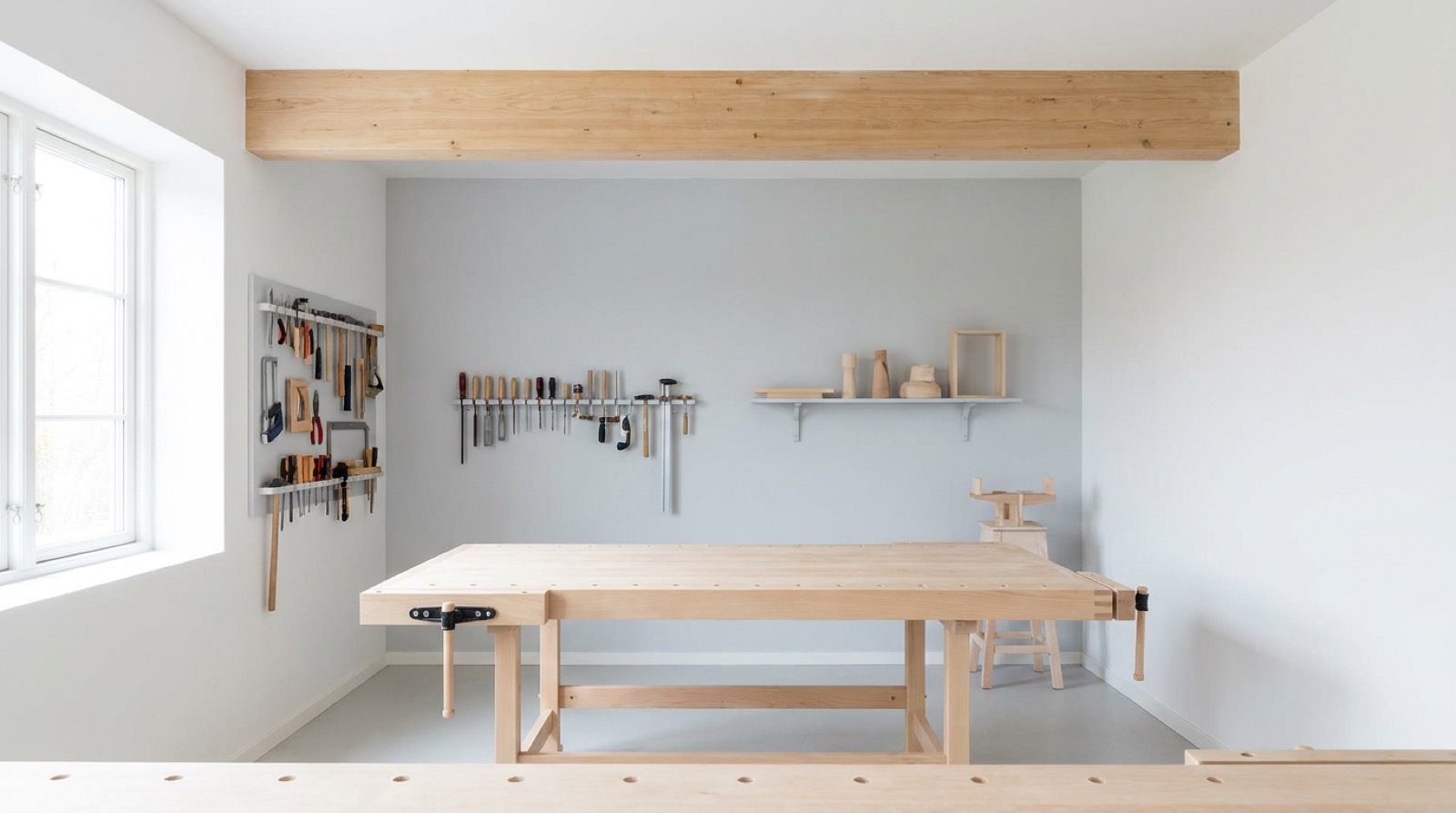 Helle Werkstatt mit einer Hobelbank aus Ahorn in der Mitte, Werkzeug in gerader Reihe an Wandschienen und einem Kiefernbalken unter der Decke